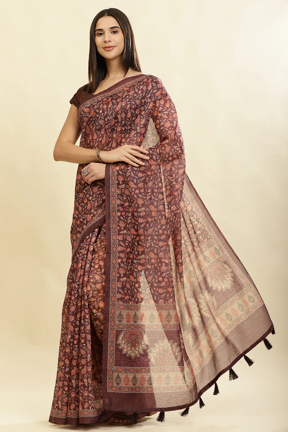 Wine Floral Printed Cotton Silk Saree - Image 2
