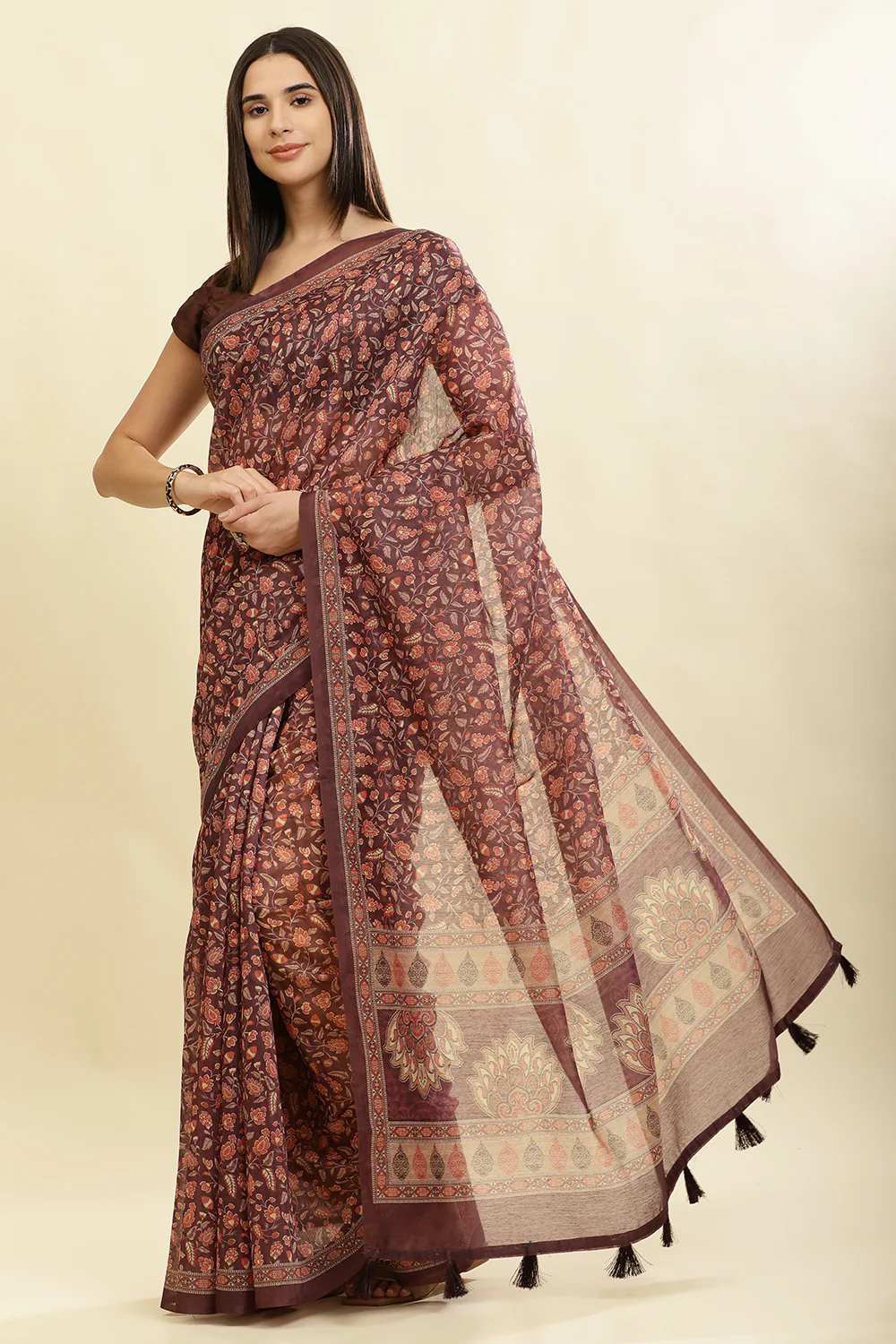 Wine Floral Printed Cotton Silk Saree - Image 3