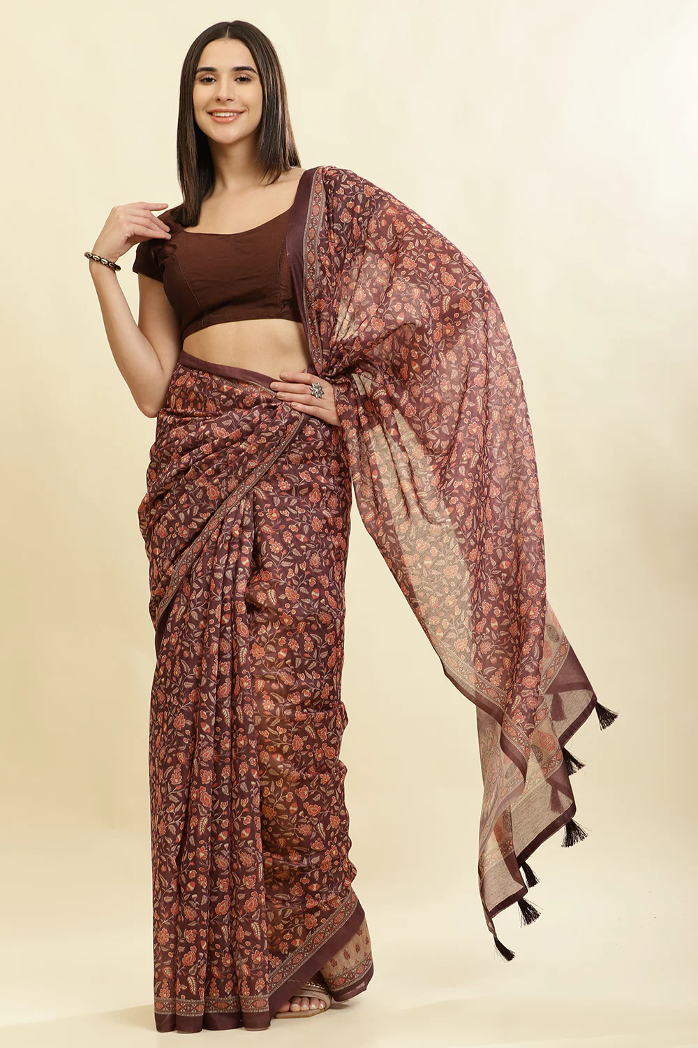 Wine Floral Printed Cotton Silk Saree - Image 5