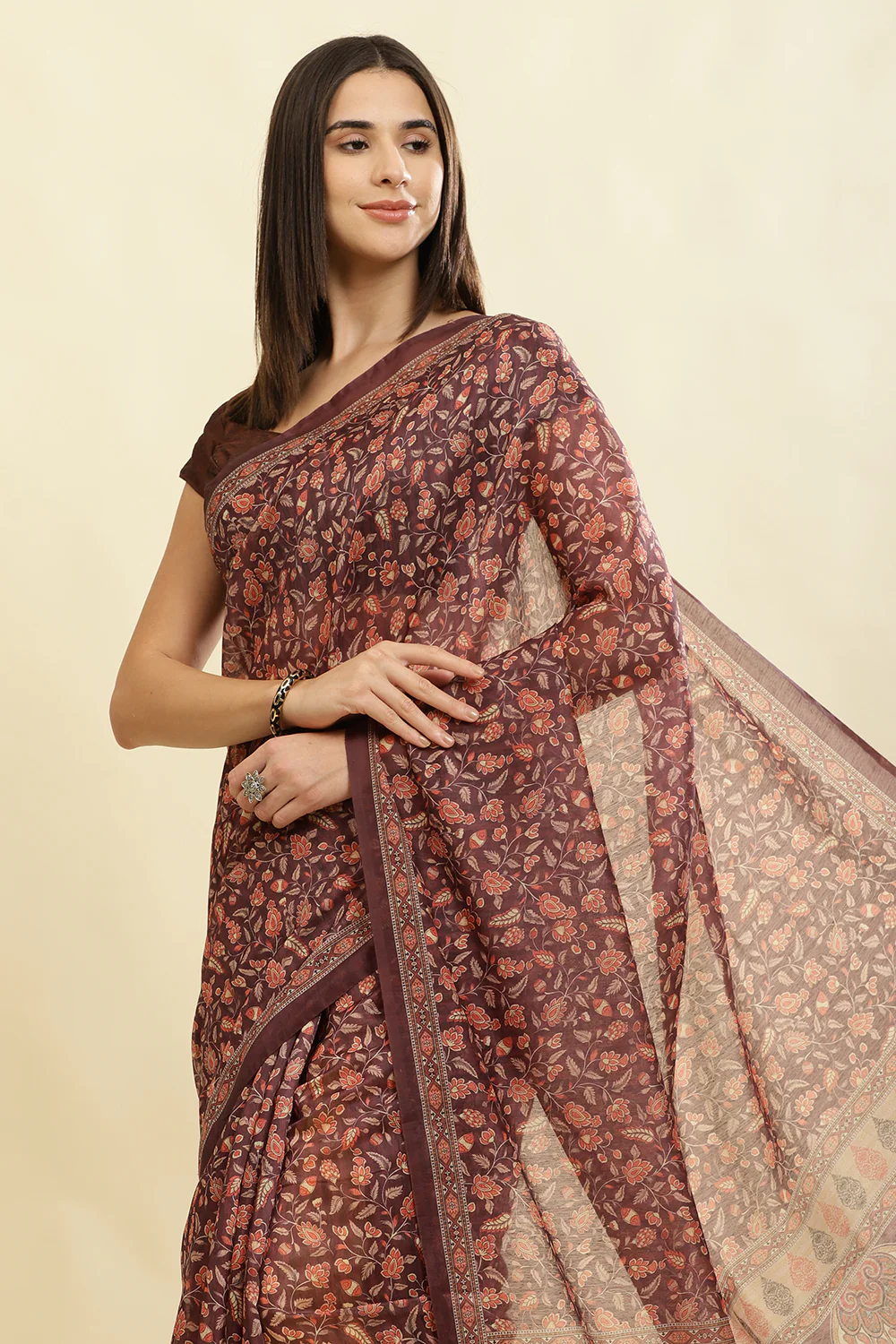 Wine Floral Printed Cotton Silk Saree - Image 6