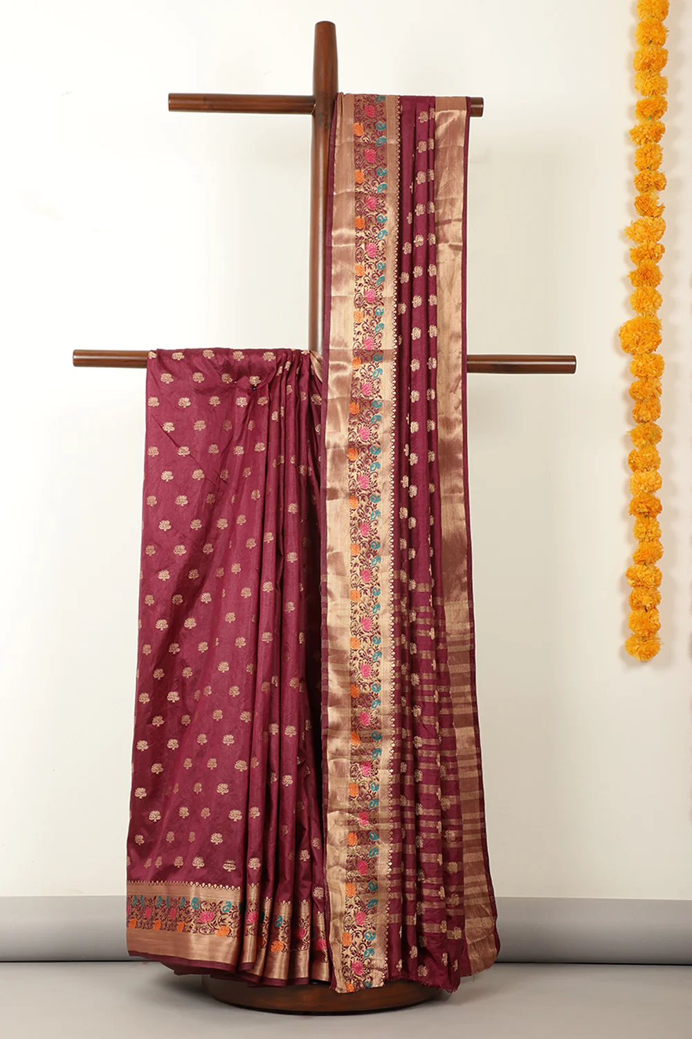 Wine Silk Zari & Resham  Woven Saree - Image 2