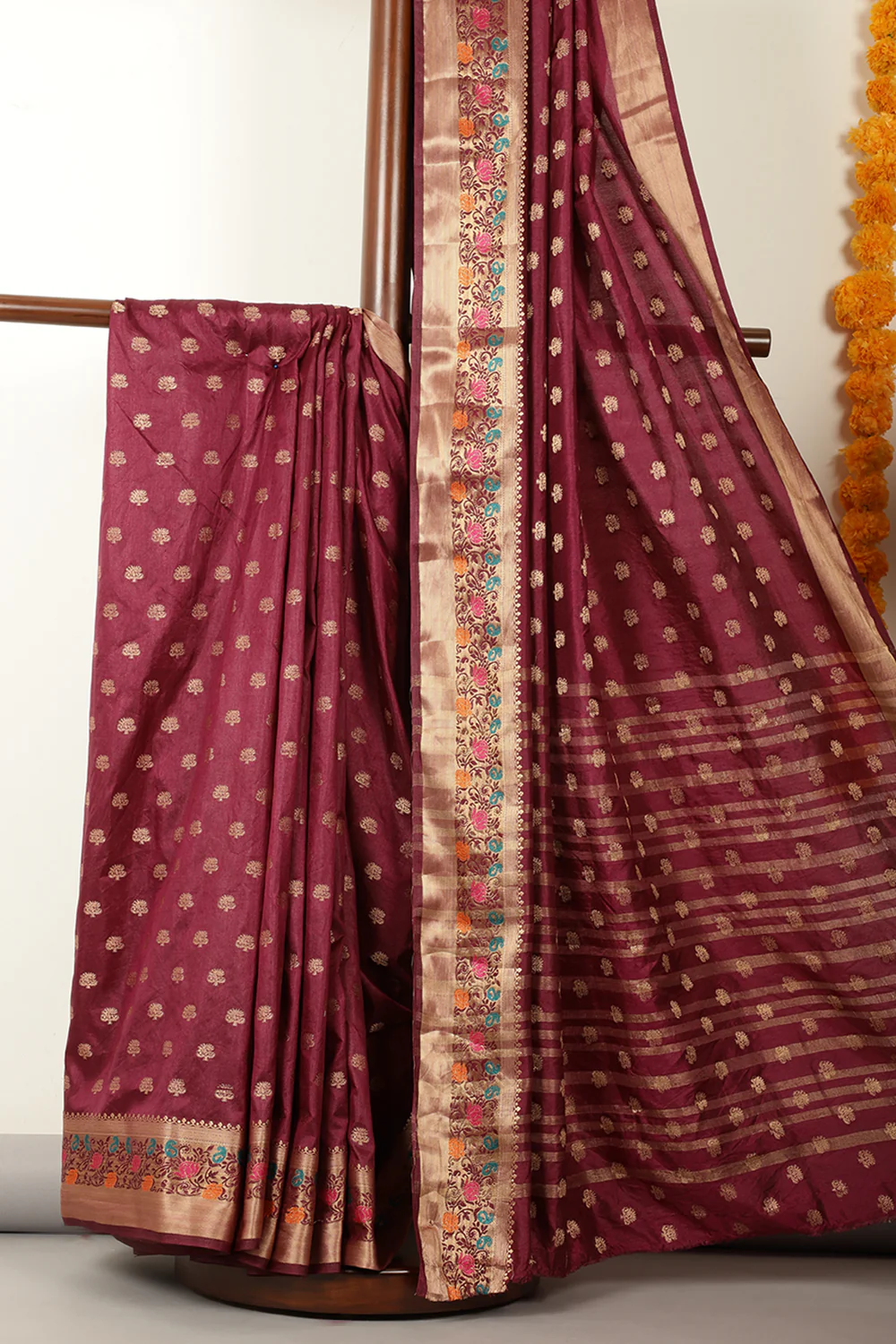 Wine Silk Zari & Resham  Woven Saree - Image 3