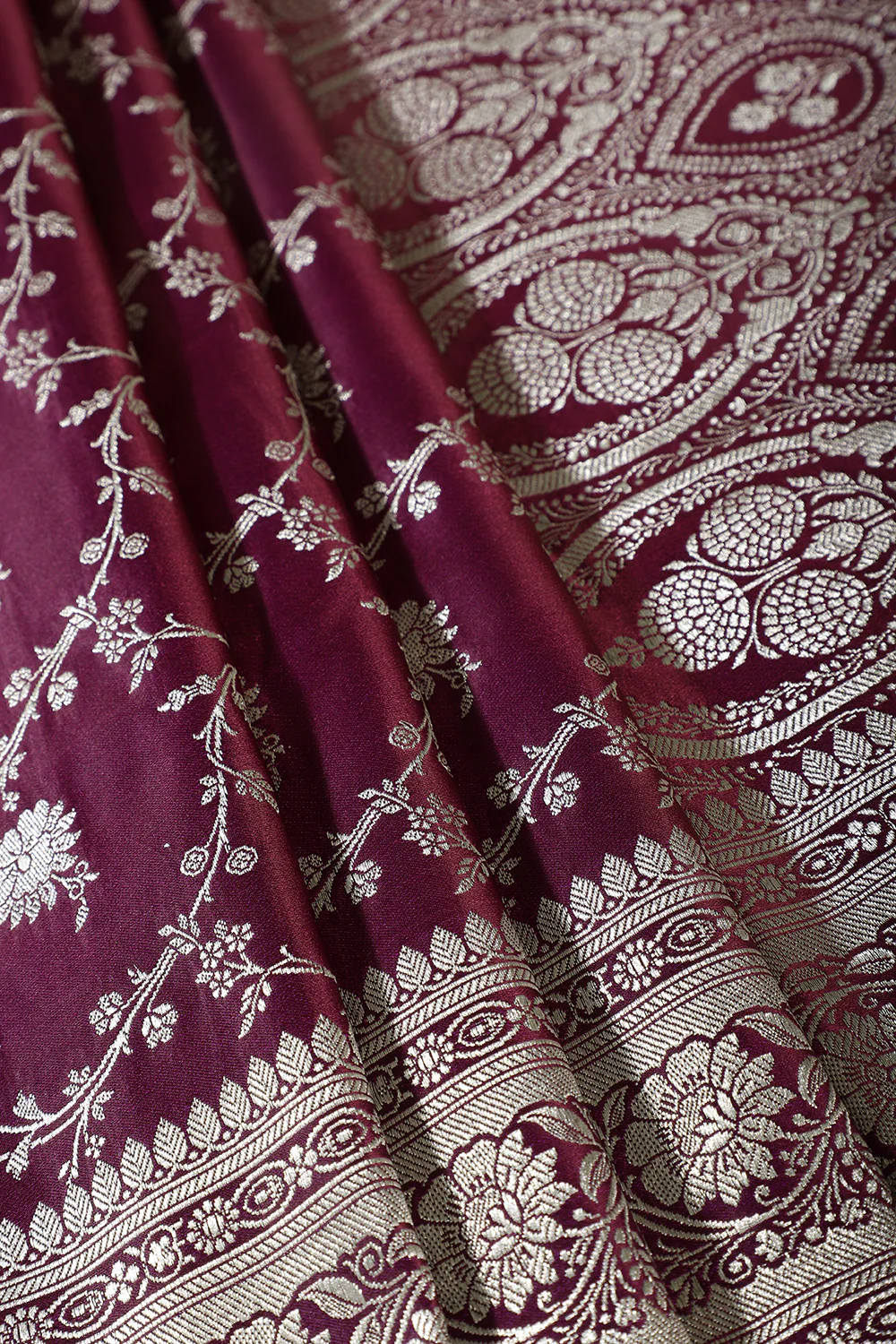 Wine Zari Woven Banarasi Silk Saree - Image 3