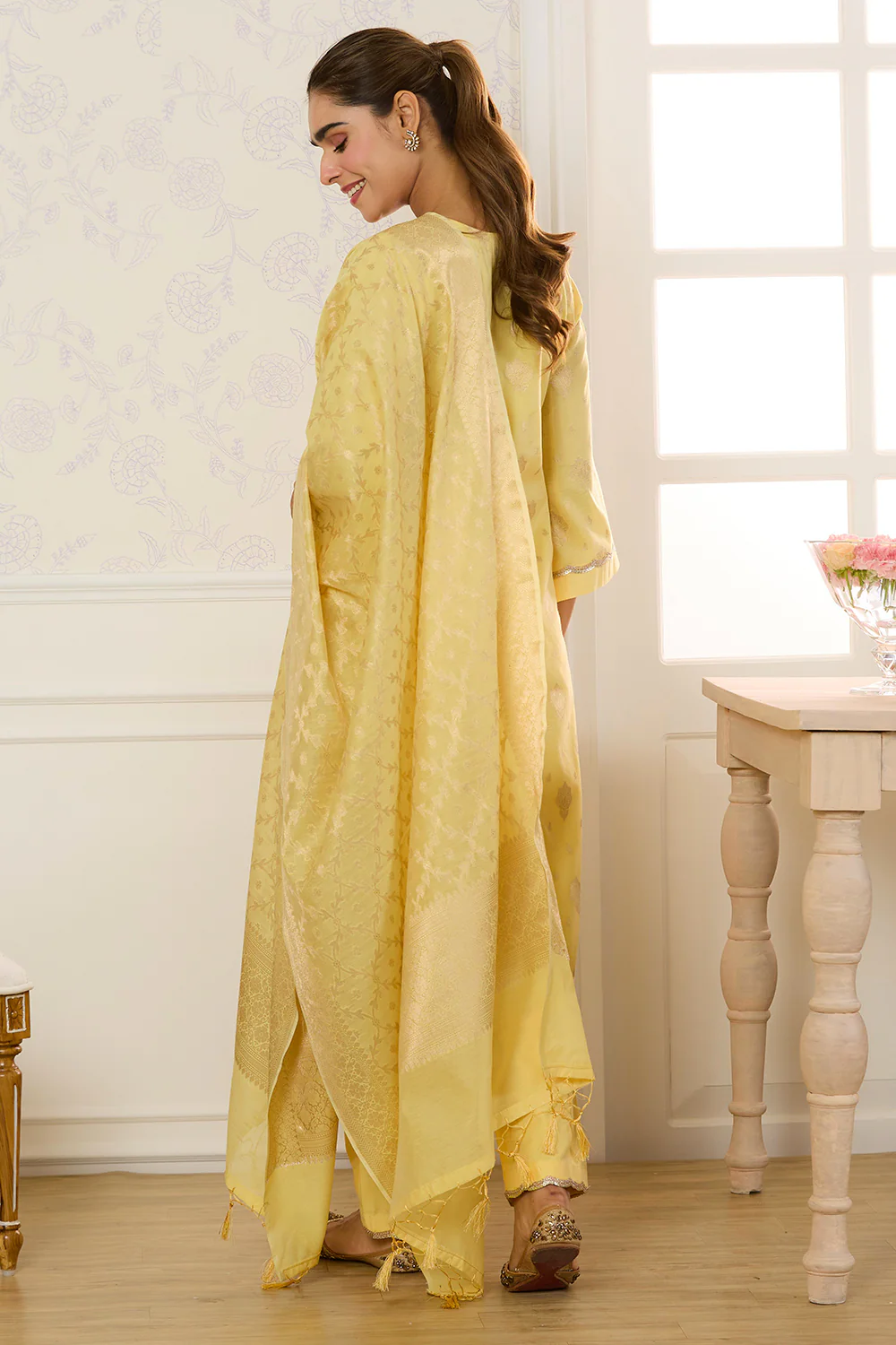 Yellow Chanderi Cotton Zari Woven Unstitched Suit Material - Image 3