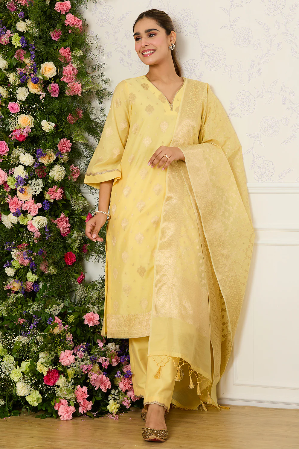Yellow Chanderi Cotton Zari Woven Unstitched Suit Material - Image 4