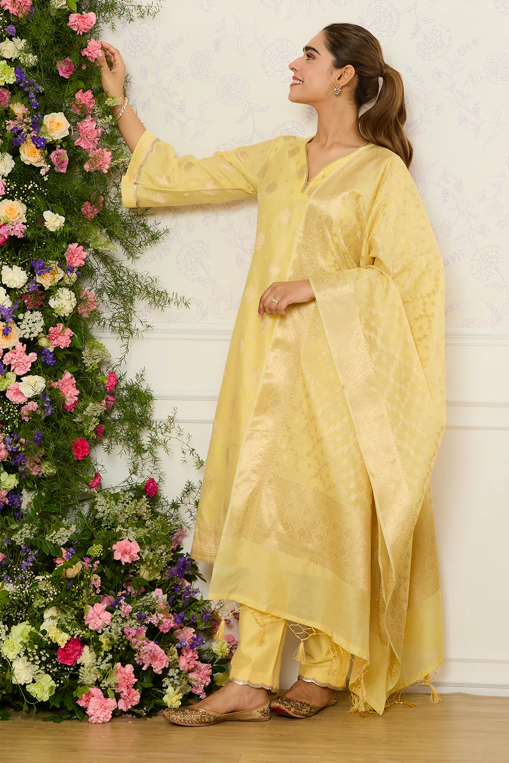 Yellow Chanderi Cotton Zari Woven Unstitched Suit Material - Image 5