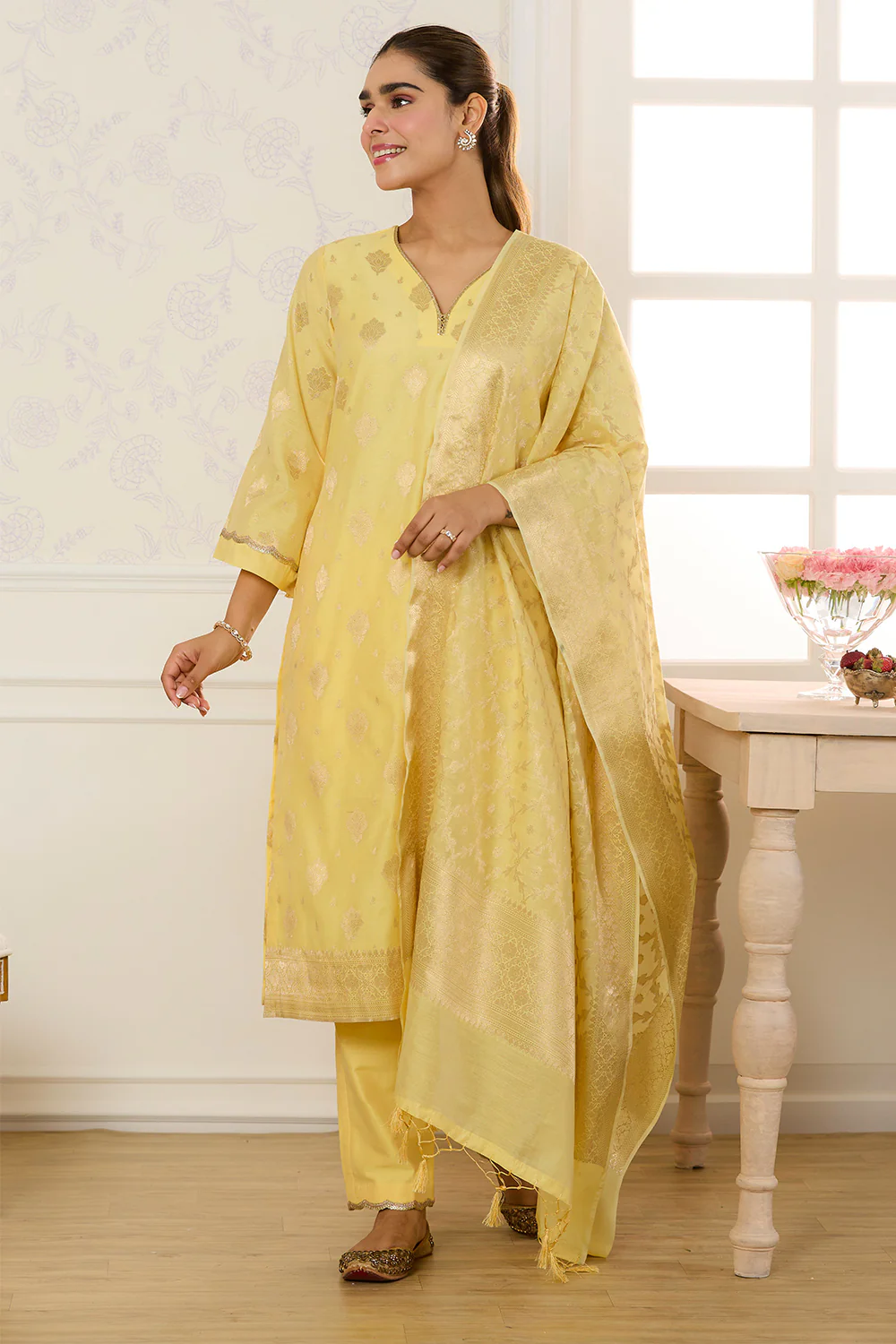 Yellow Chanderi Cotton Zari Woven Unstitched Suit Material - Image 7
