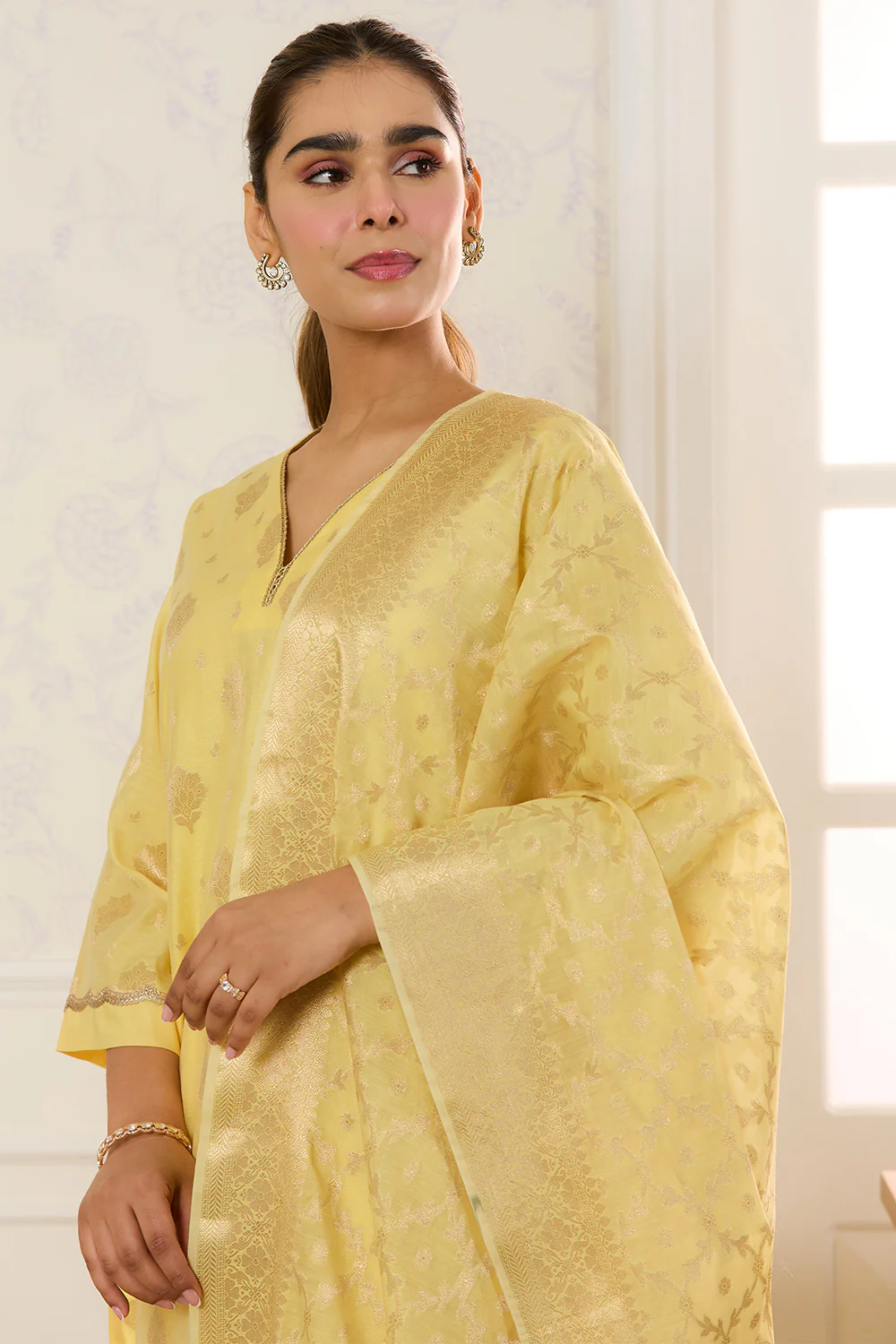 Yellow Chanderi Cotton Zari Woven Unstitched Suit Material - Image 9