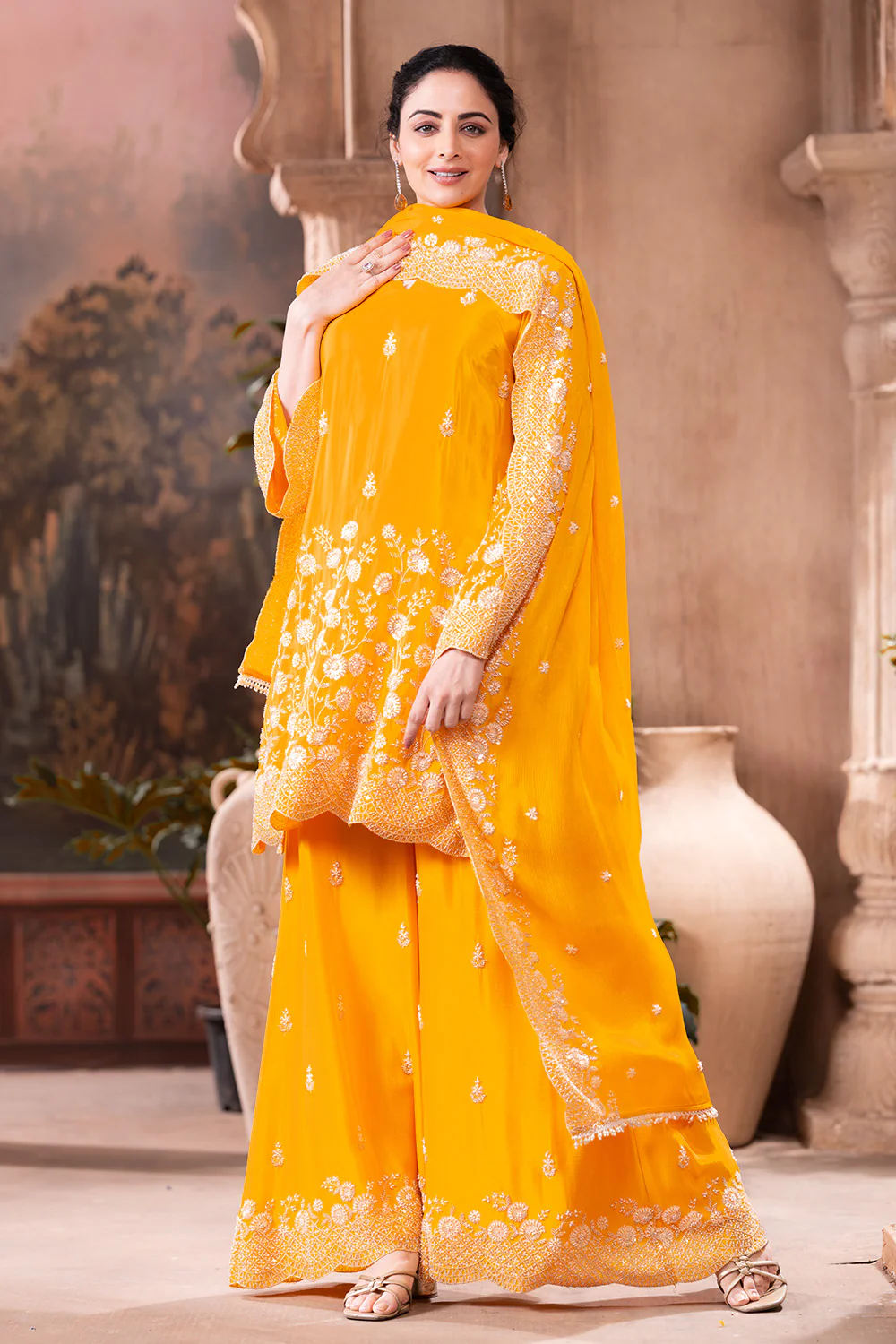 Yellow Pure Silk Floral Embroidered Suits With Embroidered Pallazo - Image 3