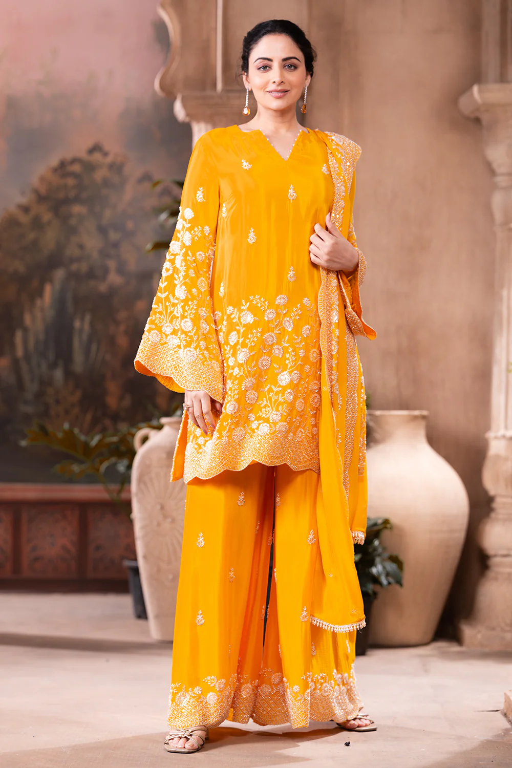 Yellow Pure Silk Floral Embroidered Suits With Embroidered Pallazo - Image 4