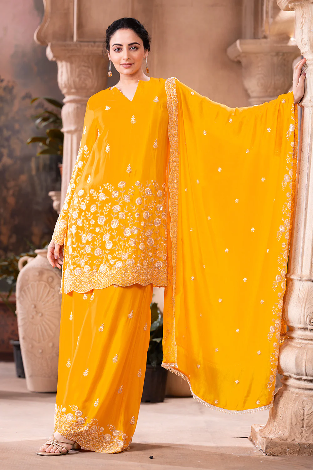 Yellow Pure Silk Floral Embroidered Suits With Embroidered Pallazo - Image 7