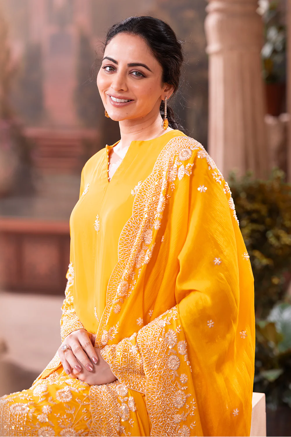 Yellow Pure Silk Floral Embroidered Suits With Embroidered Pallazo - Image 9